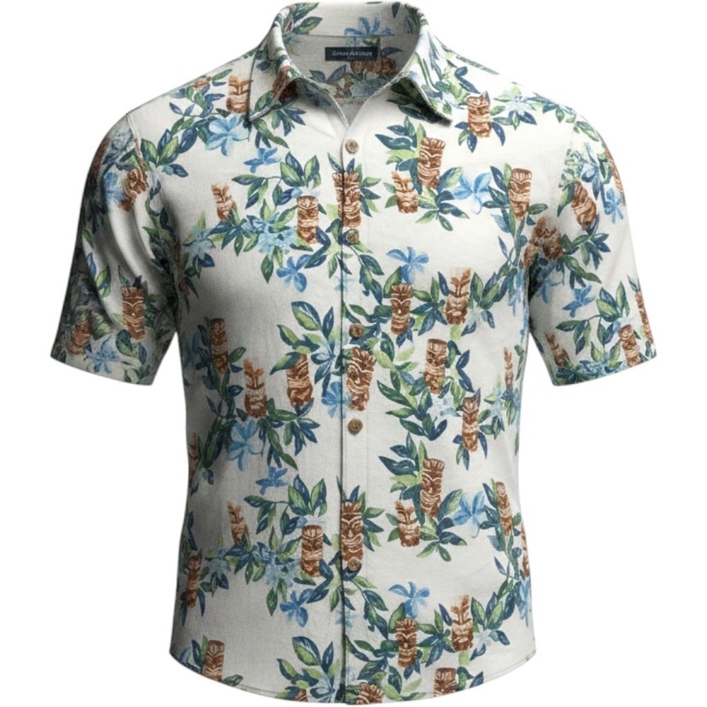 Tommy Bahama Silk Camp Shirt Mens XL Tiki Mask Tropical Floral Aloha Resortwear